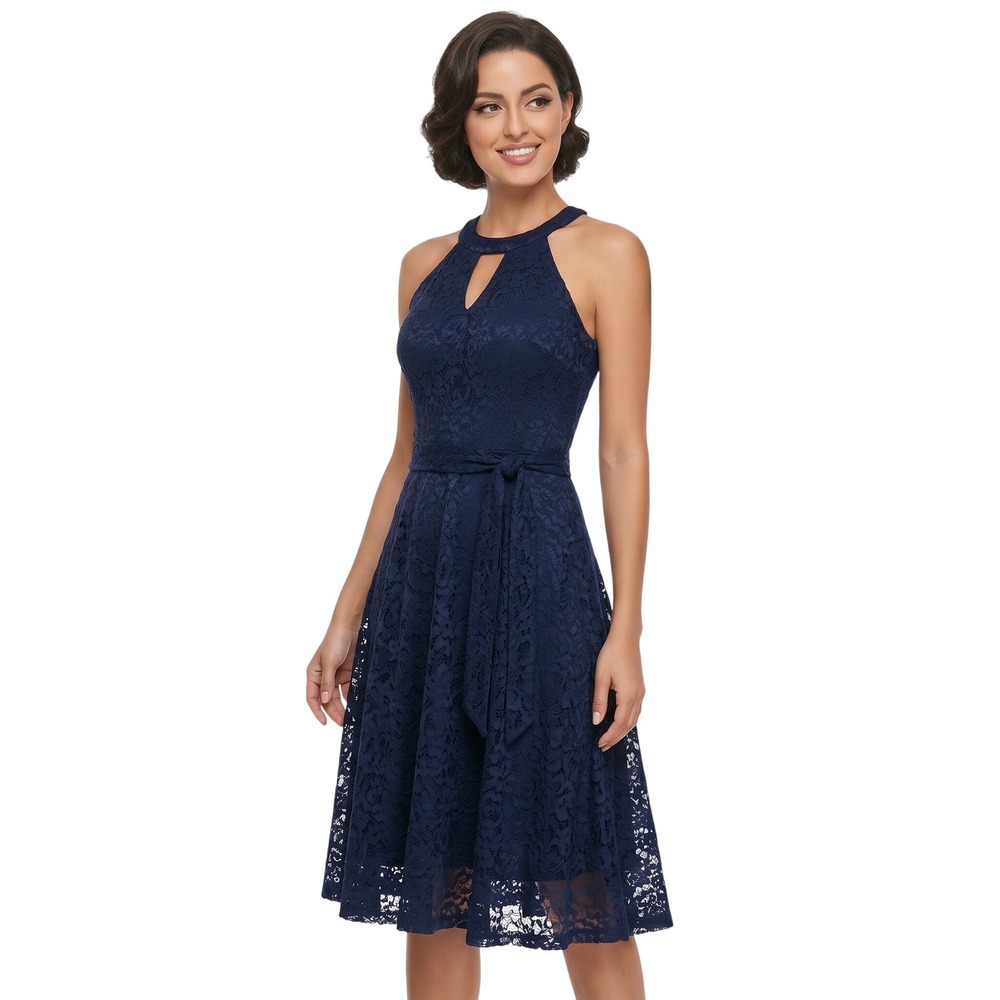 Zapaka Navy Floral Lace Halter Keyhole Midi Cocktail Dress Women's Size S